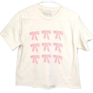 Vinyl Icons Pink Bow Coquette Tee Women’s S – Raw Edge Graphic Top